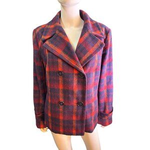 Tribal Plaid Wool Blend Jacket Button Up Lined Purple Orange Fall Size XL EUC